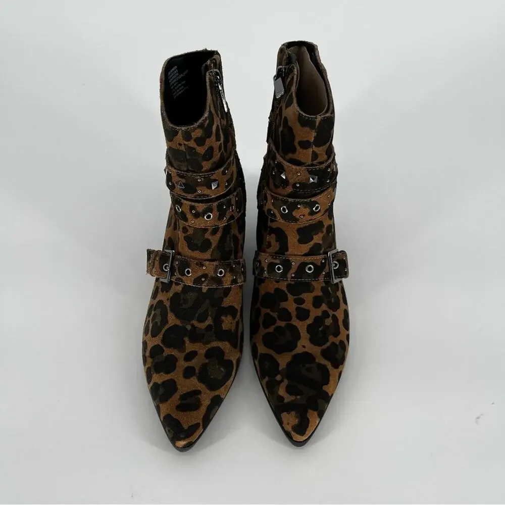 Kenneth Cole Cheyenne Stud Leaopard Suede Ankle booties brown black - 9